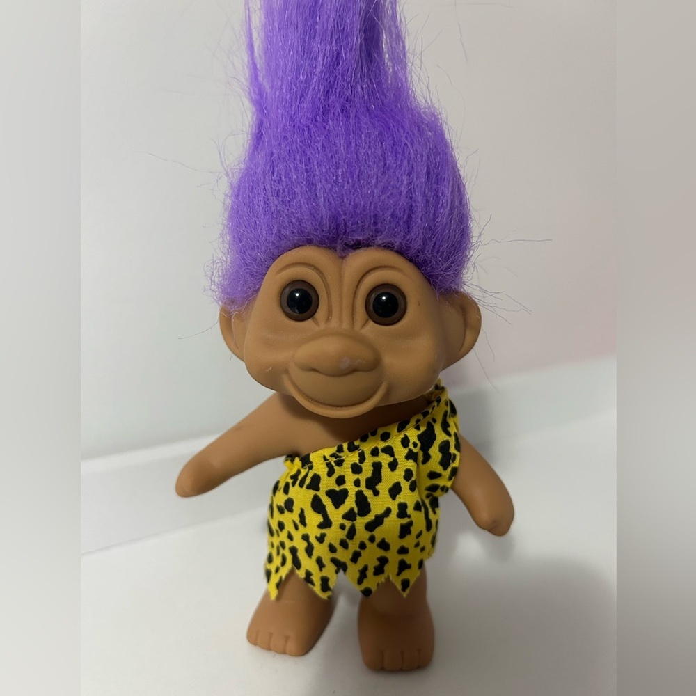 1990s Vintage TNT Troll doll.  Tarzan Costume. Purple Hair. 5”